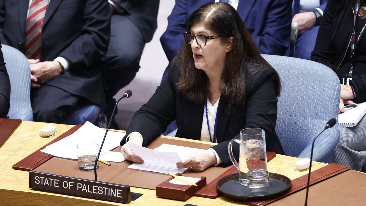 Palestinian Minister of State for Foreign Affairs Varsen Aghabekian speaks during a UN Security Council meeting on Gaza in light of ceasefire and hostage release at the United Nations Headquarters in New York City on Jan. 20, 2025.