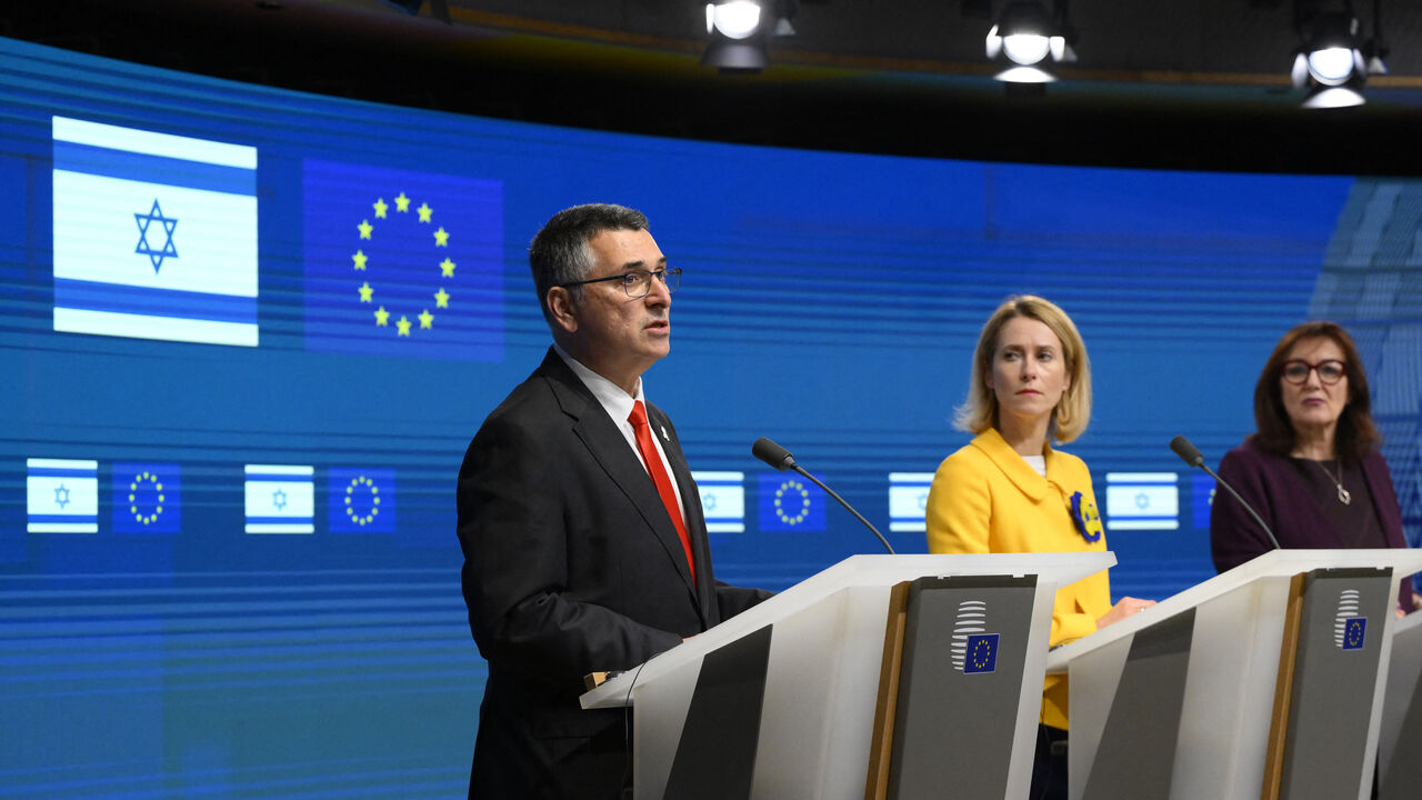 Israeli Foreign Minister Gideon Saar (L) addresses a press conference with European Commission Vice-President and High Representative for Foreign Affairs and Security Policy Kaja Kallas and EU Commissioner for Mediterranean Dubravka Suica and after a meeting at the EU headquarters on the sidelines of the EU's foreign affairs council, in Brussels on February 24, 2025. (Photo by JOHN THYS / AFP) (Photo by JOHN THYS/AFP via Getty Images)