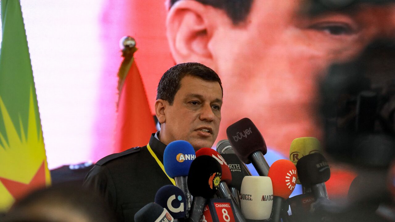 Mazlum Kobane, commander-in-chief of the Syrian Democratic Forces (SDF), speaks during the pan-Kurdish "Unity and Consensus" conference in Qamishli in northeastern Syria, on April 26, 2025. 