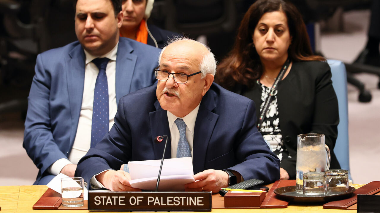 NEW YORK, NEW YORK - APRIL 29: Riyad Mansour, Palestinian Ambassador to the UN, speaks during a United Nations Security Council meeting on the conflict in the Middle East, including the Palestinian question at the United Nations headquarters on April 29, 2025 in New York City. The Security Council held a meeting on the ongoing Israel-Hamas war as the International Court of Justice (ICJ) holds its second day of hearings into Israel’s humanitarian obligations to Palestinians after more than 50 days of Israel’