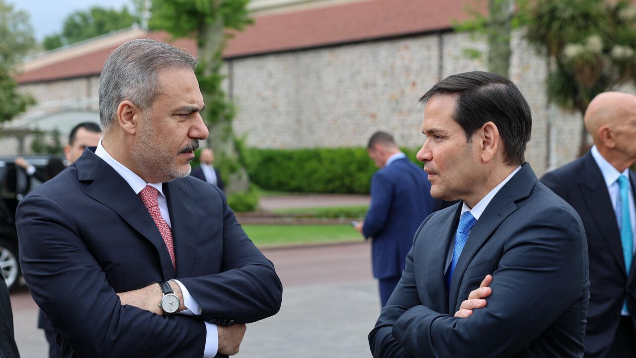 ISTANBUL, TURKEY - MAY 16: (EDITOR’S NOTE: This Handout image was provided by a third-party organization and may not adhere to Getty Images’ editorial policy.) In this handout image provided by the Turkish Foreign Ministry, Turkish Foreign Minister Hakan Fidan and US Secretary of State Marco Rubio (R) are seen as Ukrainian, American and Russian delegates meet for peace talks at the office of Turkish President in Dolmabahce Palace on May 16, 2025 in Istanbul, Turkey. Under pressure from the United States to 