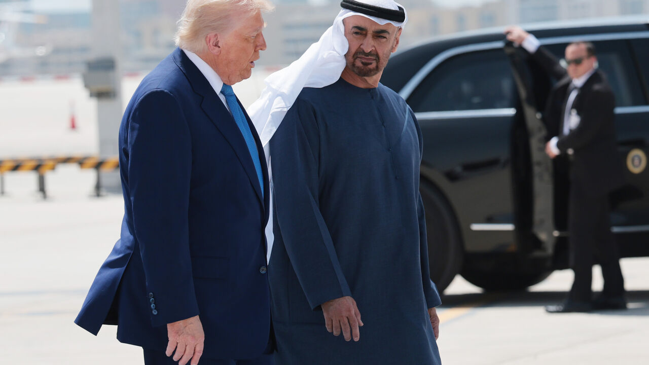 ABU DHABI, UNITED ARAB EMIRATES - MAY 16: U.S. President Donald J. Trump talks to UAE President Sheikh Mohamed bin Zayed Al Nahyan as he departs the Al Bateen Executive Airport on May 15, 2025, in Abu Dhabi, United Arab Emirates. Trump is on the fourth and final day of his visit to the Gulf to underscore the strategic partnership between the United States and regional allies including the UAE, focusing on security and economic collaboration. (Photo by Win McNamee/Getty Images)