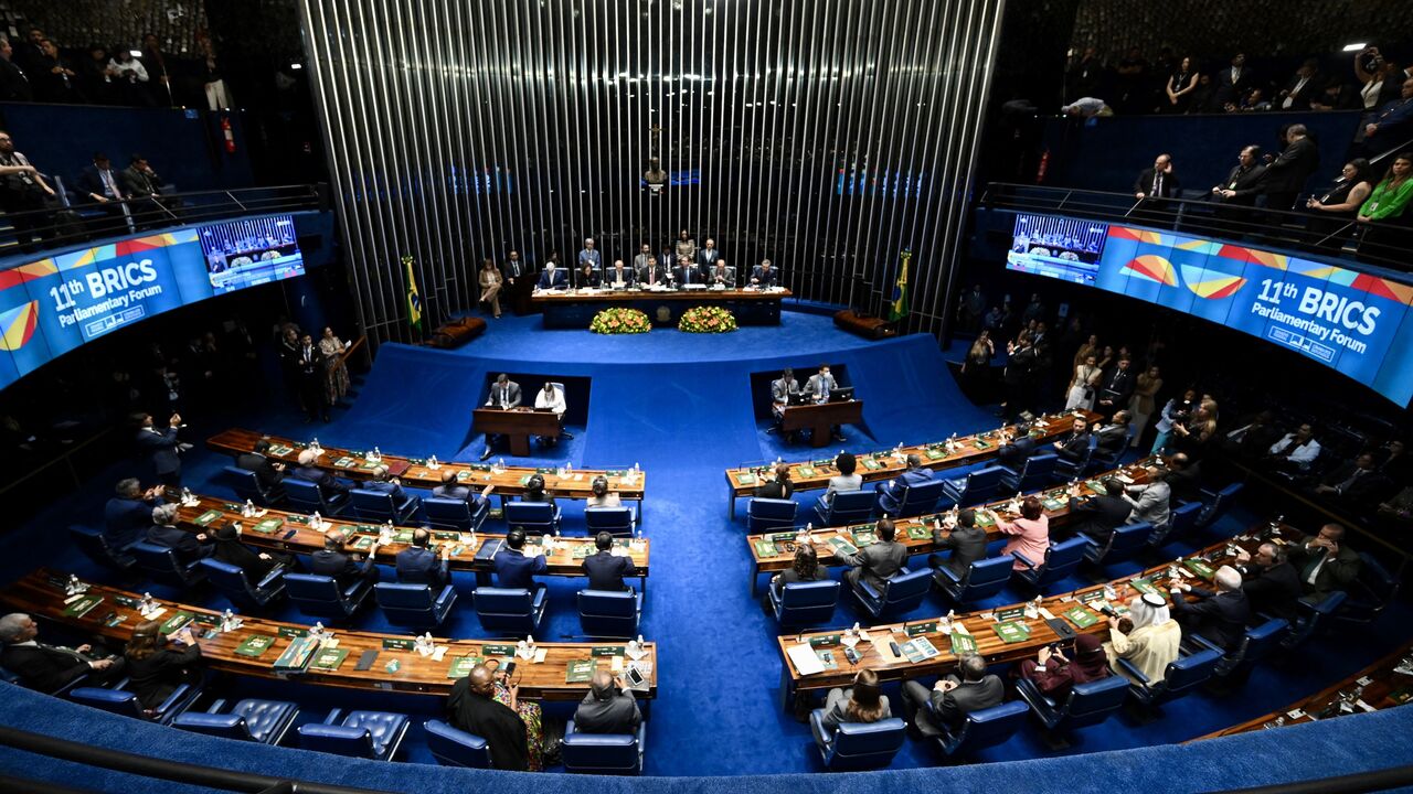 General view of the opening session of the 11th BRICS Parliamentary Forum at the Federal Senate in Brazil, taken on June 4, 2025.