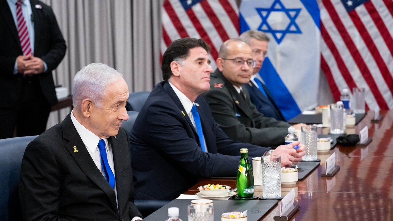 Israeli Prime Minister Benjamin Netanyahu and Israeli Minister of Strategic Affairs Ron Dermer attend a meeting with US Secretary of Defense Pete Hegseth at the Pentagon in Washington, on July 9, 2025.