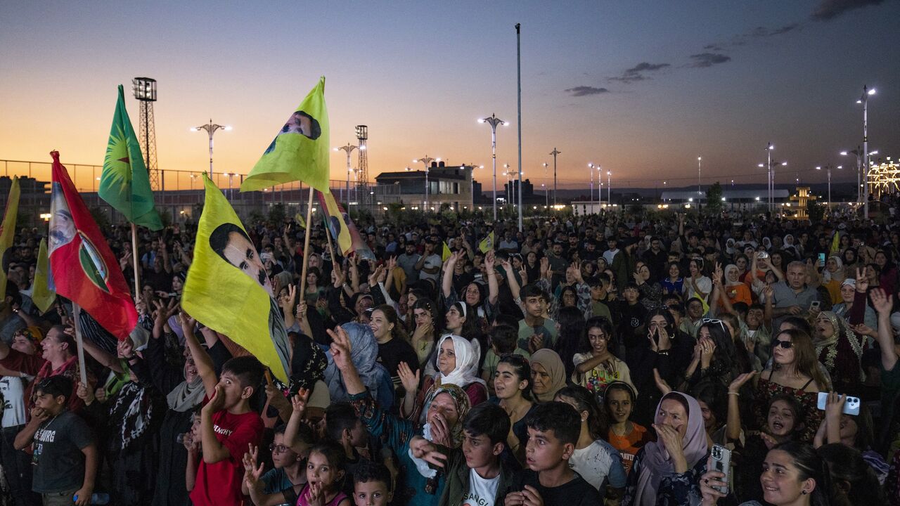 Supporters attend a rally airing a televised statement by the jailed leader and founder of Turkey's Kurdistan Workers Party (PKK), Abdullah Ocalan, in Syria's predominantly Kurdish northeastern city of Qamishli on July 9, 2025.
