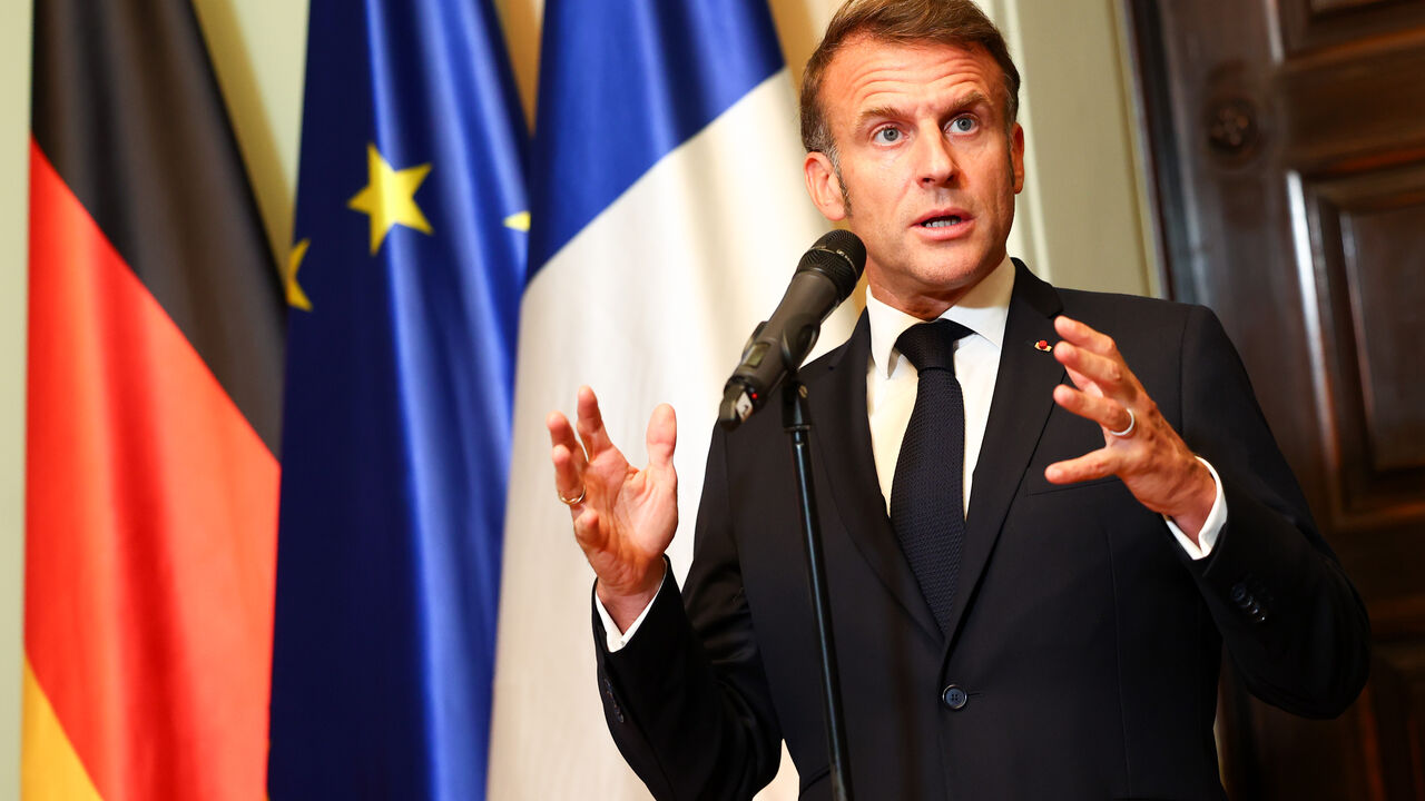 BERLIN, GERMANY - JULY 23: French President Emmanuel Macron talks to media prior to talks with German Chancellor Friedrich Merz at Villa Borsig on July 23, 2025 in Berlin, Germany. The two leaders are meeting as Germany, France and the United Kingdom forge a stronger European alliance following U.S. President Donald Trump's disruption of transatlantic ties. (Photo by Christian Mang/Getty Images)