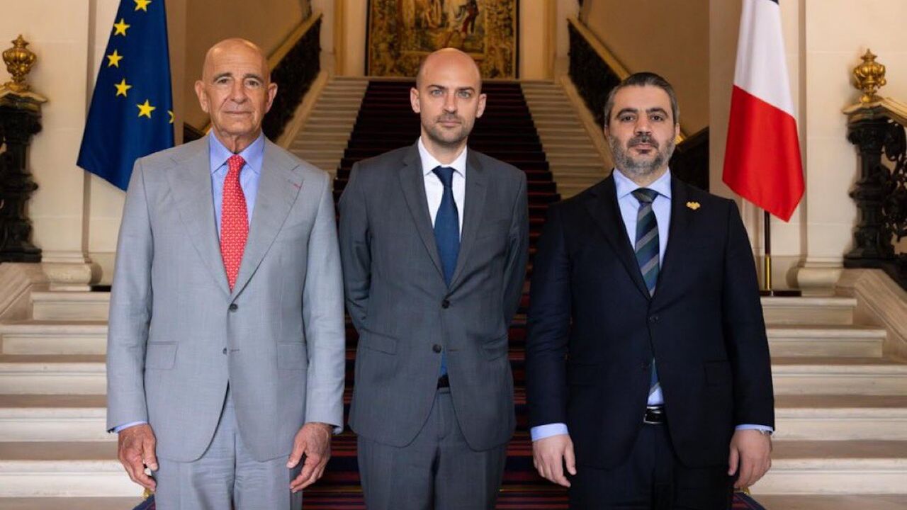 US Syria envoy Tom Barrack, French Foreign Minister Jean-Noel Barrot and Syrian Foreign Minister Asaad al-Shibani meet in Paris on July 25, 2025.