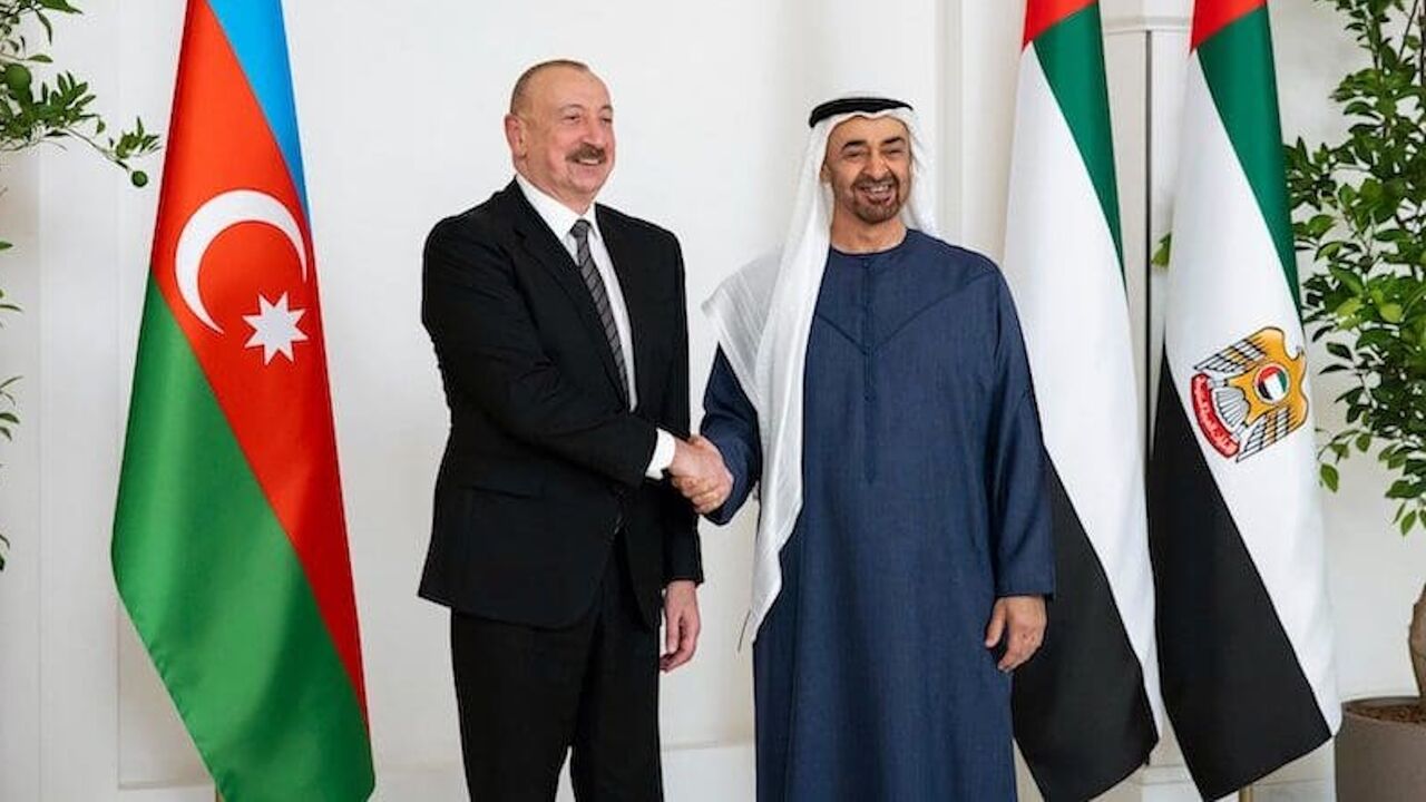 UAE President Sheikh Mohamed bin Zayed al-Nahyan with Azerbaijan's President Ilham Aliyev at Shati Palace in Abu Dhabi.