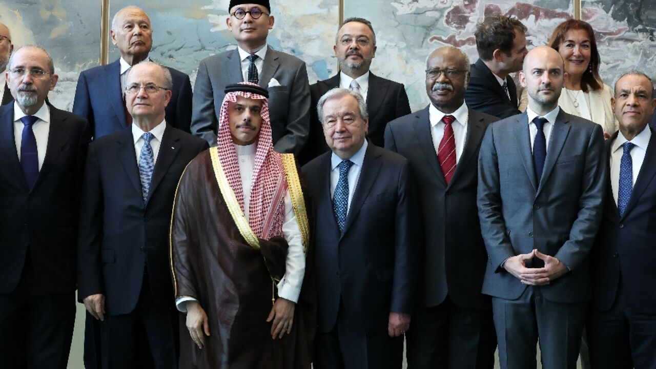Palestinian prime minister Mohammad Mustafa (2L), French Foreign Minister Jean-Noel Barrot (2R) and others meet with UN Secretary-General Antonio Guterres (C) as they begin a conference on a two-state solution for Israel and the Palestinians Palestinian prime minister Mohammad Mustafa (2L), French Foreign Minister Jean-Noel Barrot (2R) and others meet with UN Secretary-General Antonio Guterres (C) as they begin a conference on a two-state solution for Israel and the Palestinians