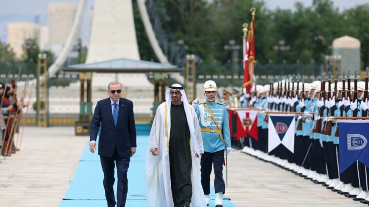 Turkish President Recep Tayyip Erdogan welcomes UAE President Sheikh Mohammed bin Zayed with official ceremony during the latter’s official visit to Ankara, July 16, 2025.