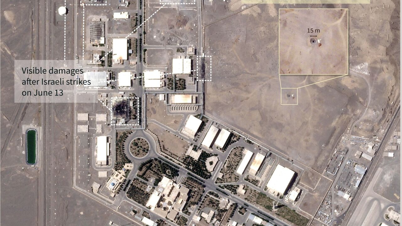 Infographic with satellite image from Planet Labs PBC from June 22, 2025, showing visible damages from US strike on the Natanz uranium enrichment plant in Iran.