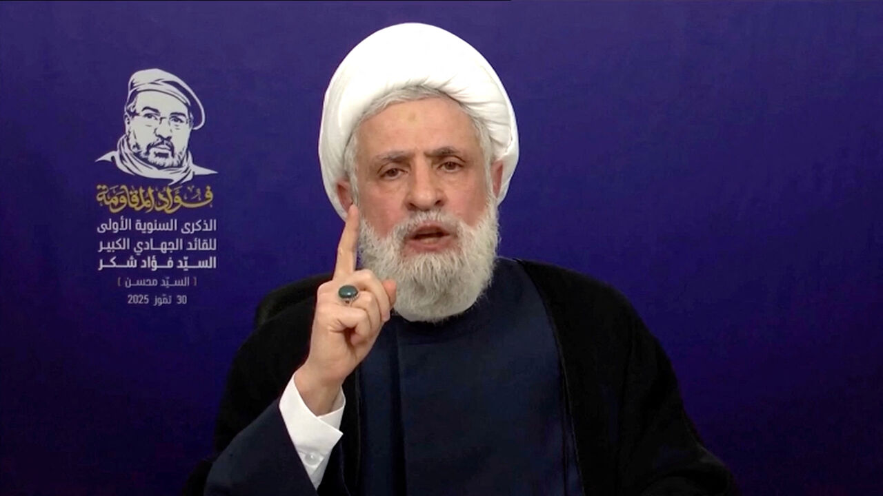 Lebanon’s Hezbollah Chief Naim Qassem gives a televised speech from an unknown location, July 30, 2025 in this screen grab from video. Al Manar TV/REUTERS TV/via REUTERS/File Photo