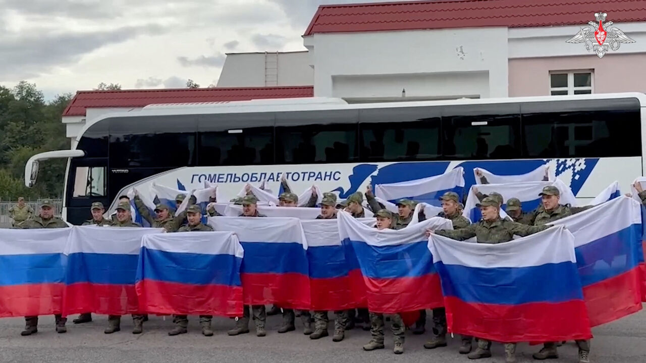 A still image from a video released by the Russian Defence Ministry shows what it said to be Russian service personnel captured by Ukrainian forces and released during the latest exchange of prisoners of war in the course of Russia-Ukraine conflict, at an unknown location in Belarus, in this image taken from footage released August 24, 2025. Russian Defence Ministry/Handout via REUTERS