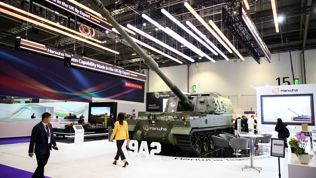 A K9A2 Self-Propelled Howitzer (SPH) from Hanwha is seen on day one of the Defense and Security Equipment International (DSEI) fair at ExCel on Sept. 12, 2023 in London, England.