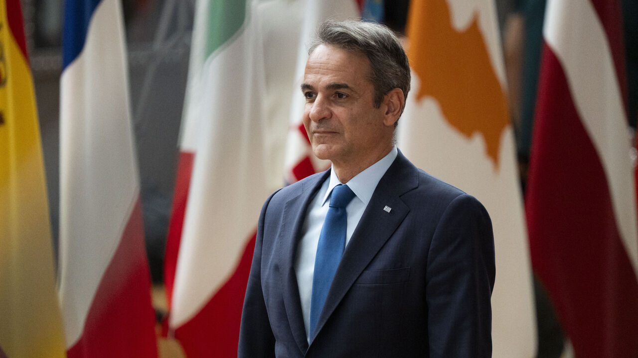 Greece s Prime Minister Kyriakos Mitsotakis arrives to attend the European Council in Brussels on June 26, 2025. EU leaders meet from June 26 to 27 to discuss geoeconomic challenges and the ongoing developments in Ukraine and the Middle East. (Photo by Magali Cohen / Hans Lucas via AFP) (Photo by MAGALI COHEN/Hans Lucas/AFP via Getty Images)