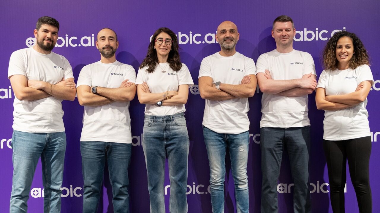 Nour Al Hassan, founder and CEO of Tarjama (C), and members of the Tarjama team promoting Arabic.AI, the firm's new platform offering business solutions, 2025.