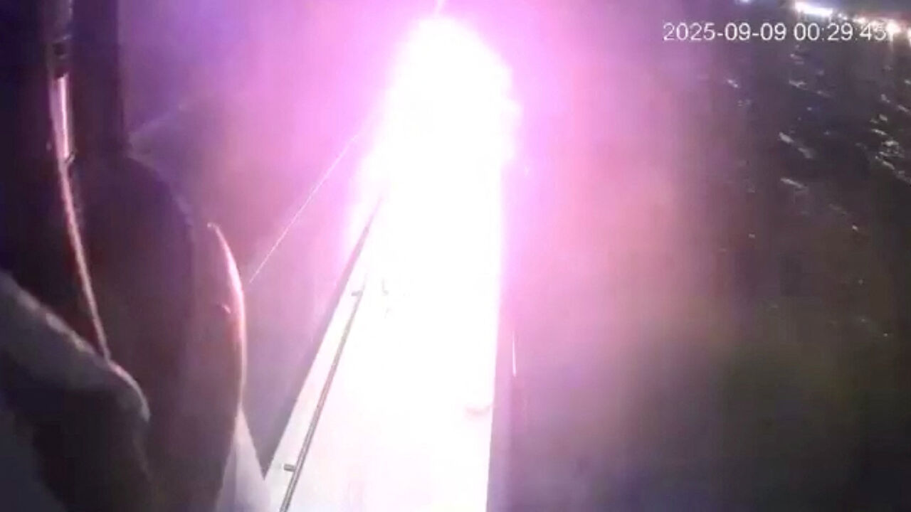 FILE PHOTO: A CCTV footage shows a glow from a fire that struck a vessel of the Global Sumud Flotilla (GSF) in the Tunisian waters off the coast of Tunisia, September 8, 2025, in this screengrab obtained from a handout video. Global Sumud Flotilla/Handout via REUTERS/ File Photo