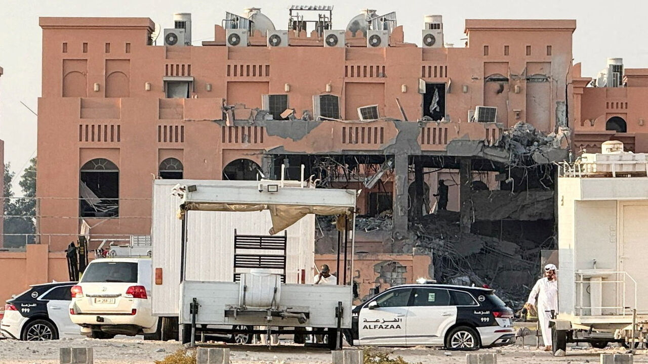 A damaged building, following an Israeli attack on Hamas leaders, according to an Israeli official, in Doha, Qatar, September 9, 2025. REUTERS/Ibraheem Abu Mustafa