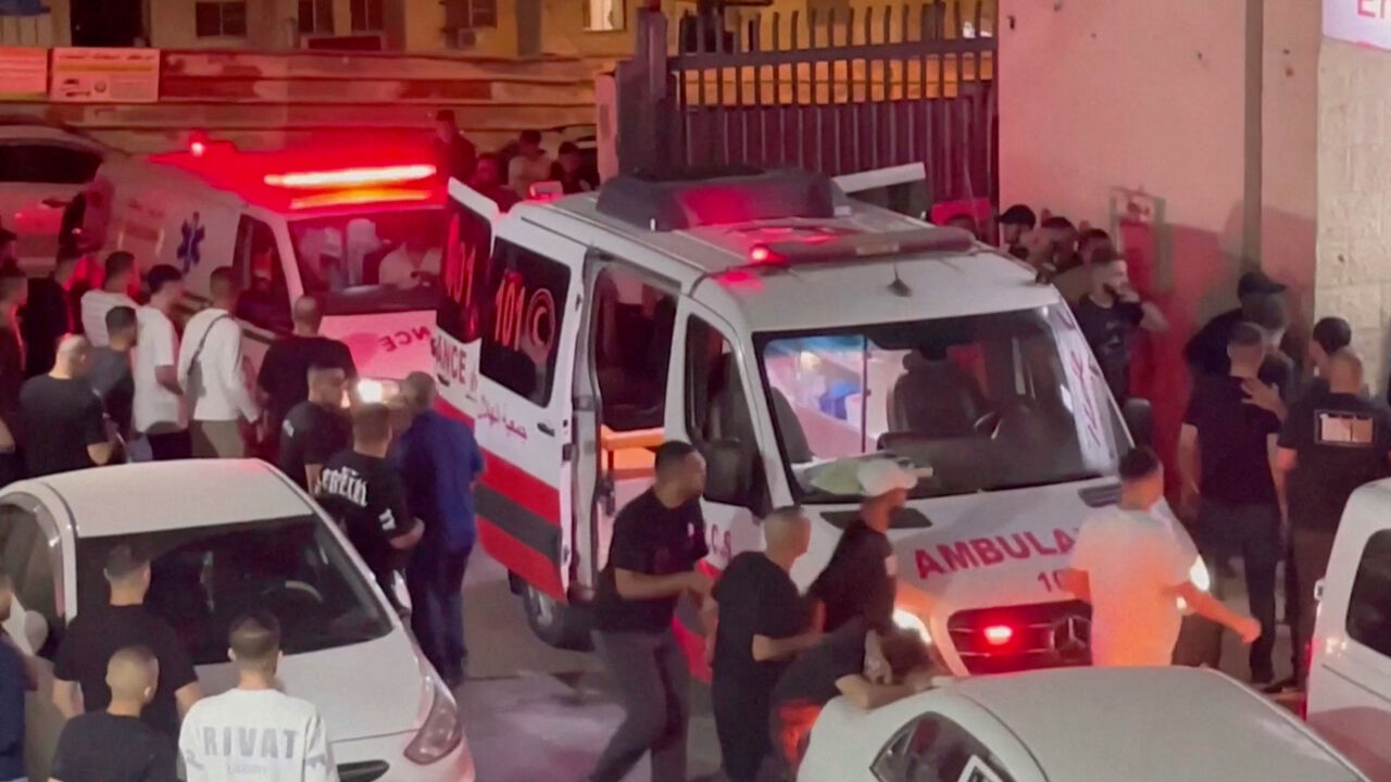 Ambulances are parked outside Tulkarm hospital in the Israeli-occupied West Bank, July 2, 2024 in this screen grab obtained from a video. Video obtained by REUTERS/File Photo