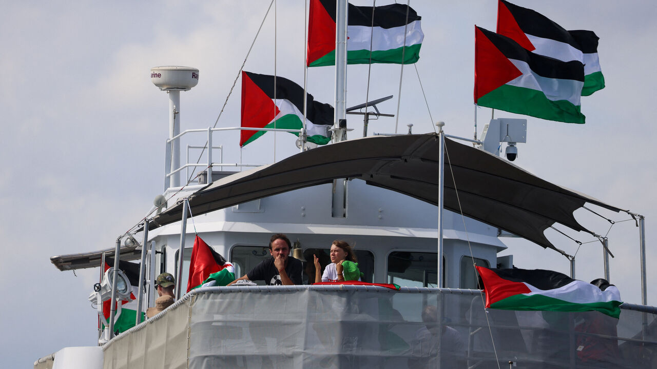 Swedish activist Greta Thunberg departs with other activists on the Global Sumud Flotilla, a humanitarian expedition to Gaza, from the port of Barcelona, Spain August 31, 2025. REUTERS/Nacho Doce/File Photo