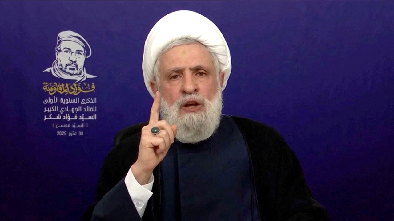 FILE PHOTO: Lebanon’s Hezbollah Chief Naim Qassem gives a televised speech from an unknown location, July 30, 2025 in this screen grab from video. Al Manar TV/REUTERS TV/via REUTERS/ File Photo