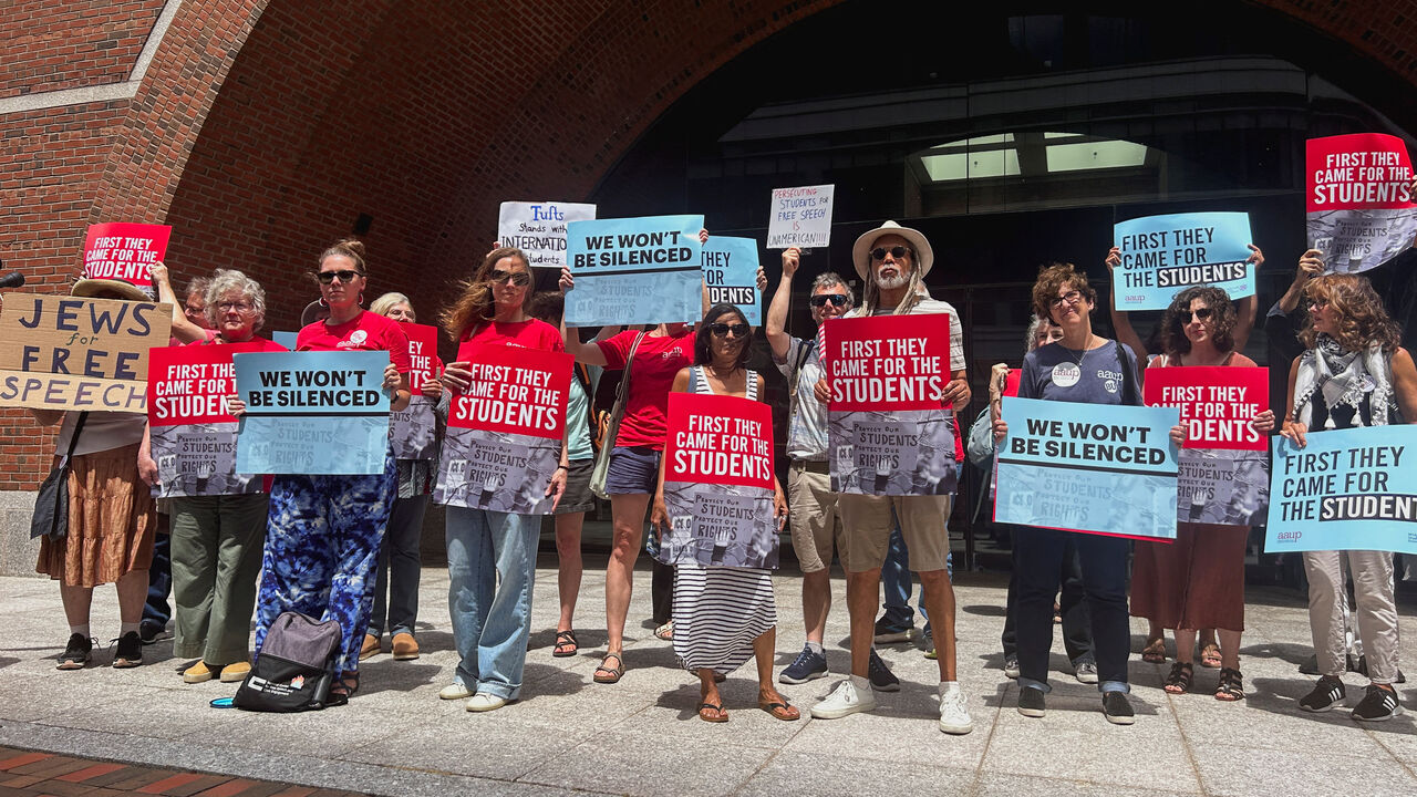 Demonstrators stand outside the federal courthouse after the first day of a trial in a lawsuit filed by the American Association of University Professors and others, which challenges the U.S. President Donald Trump administration's arrest and deportation of pro-Palestinian campus activists, in Boston, Massachusetts, U.S., July 7, 2025. REUTERS/Nate Raymond