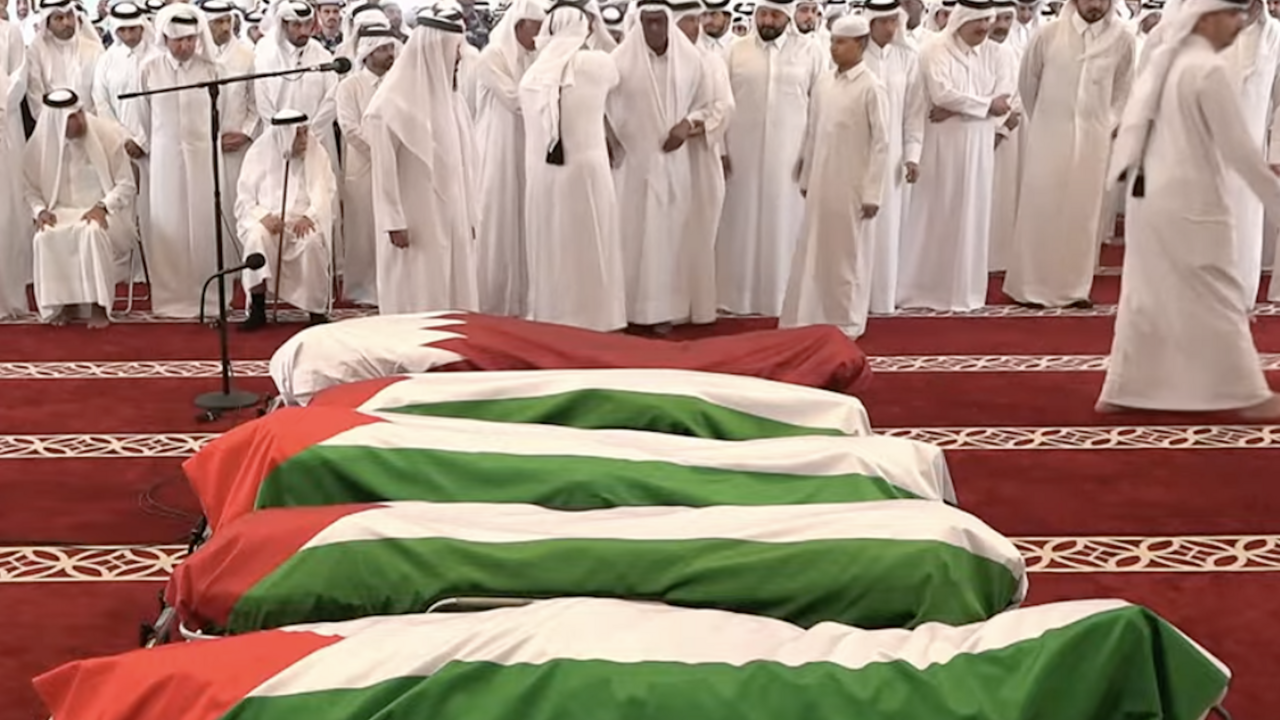 Funeral prayers are held at the Mohammed bin Abdulwahab Mosque in Doha, on Sept. 11, 2025.