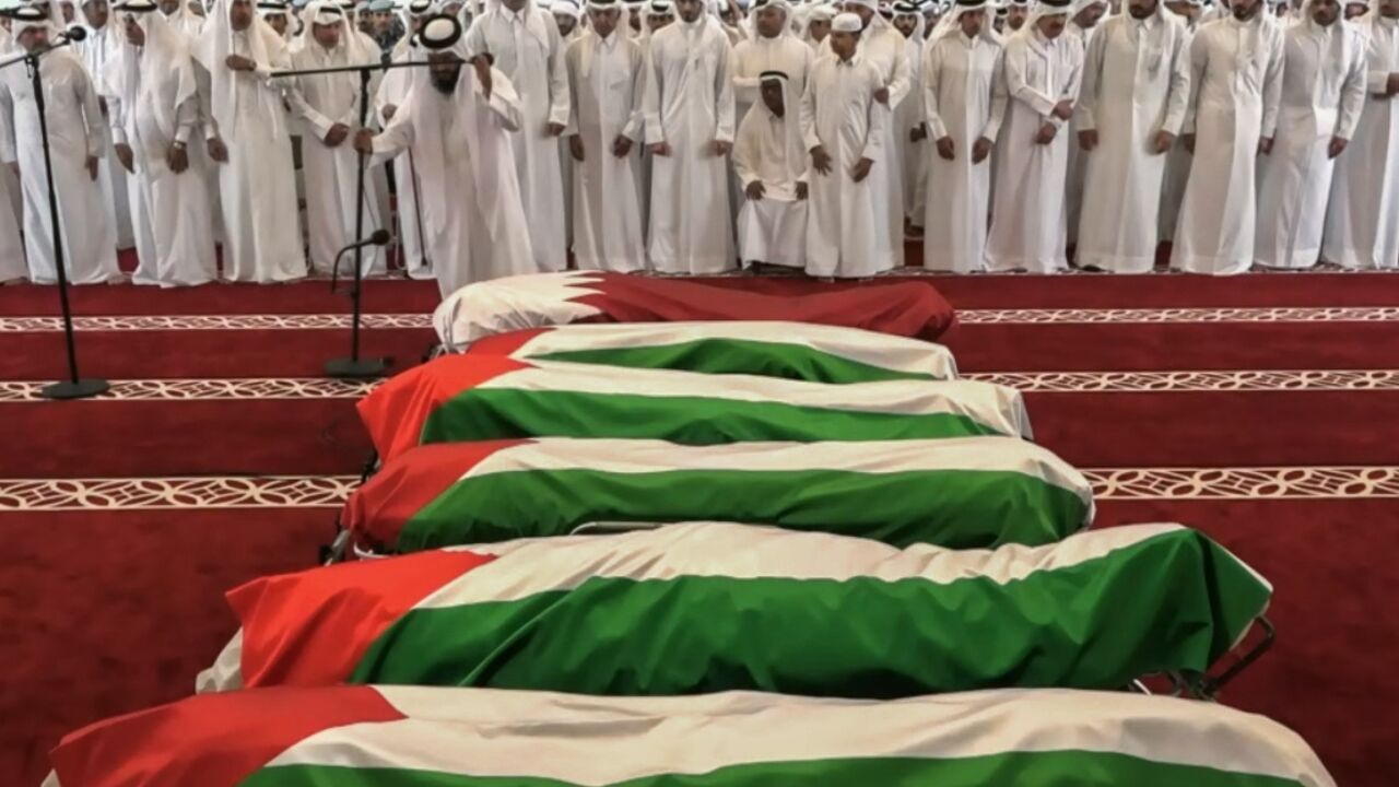 Qatar's emir joins mourners at the funeral of five Hamas members and a Qatari security man killed in Tuesday's attack by Israel on the Hamas compound in Doha, in this grab from Qatar TV footage. Qatar's emir joins mourners at the funeral of five Hamas members and a Qatari security man killed in Tuesday's attack by Israel on the Hamas compound in Doha, in this grab from Qatar TV footage.
