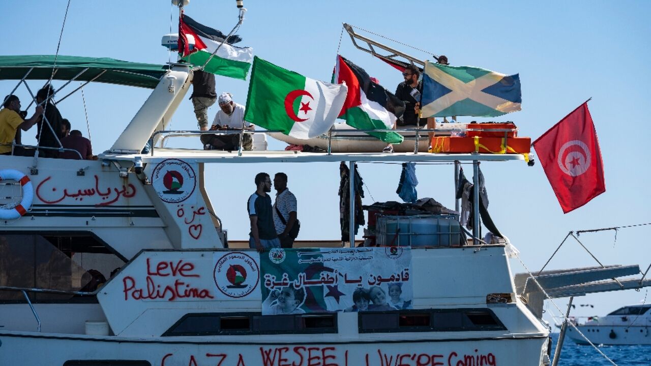 The flotilla of some 45 vessels carrying activists and politicians, including Swedish campaigner Greta Thunberg and Nelson Mandela's grandson Mandla Mandela, departed Spain last month The flotilla of some 45 vessels carrying activists and politicians, including Swedish campaigner Greta Thunberg and Nelson Mandela's grandson Mandla Mandela, departed Spain last month