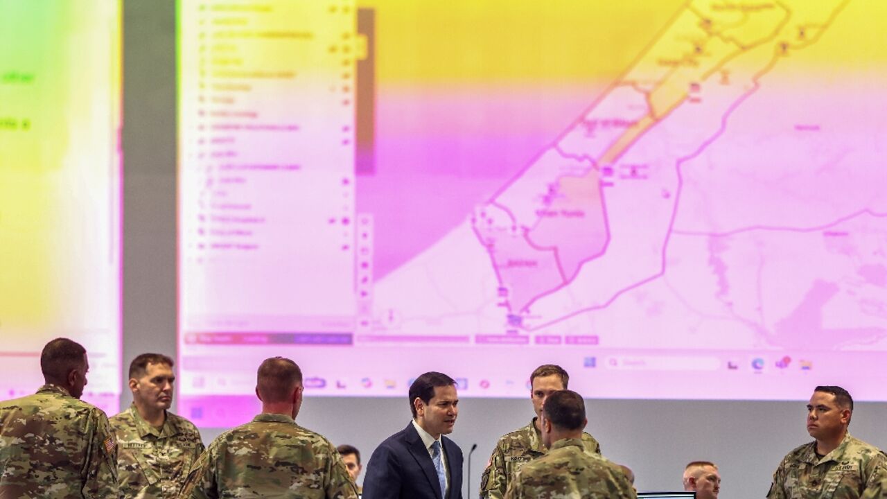 US Secretary of State Marco Rubio  speaks with US military personnel as he visits the Civil-Military Coordination Center in southern Israel  US Secretary of State Marco Rubio  speaks with US military personnel as he visits the Civil-Military Coordination Center in southern Israel