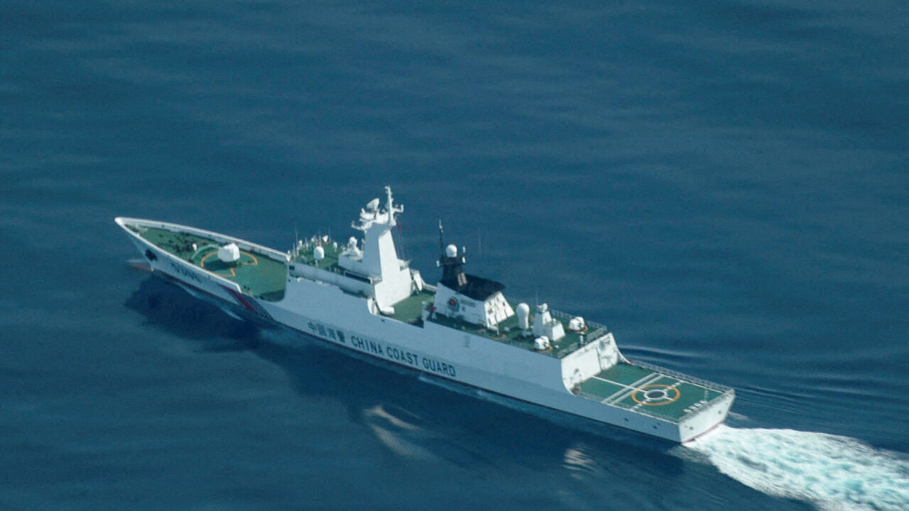 FILE PHOTO: An aerial view of a China Coast Guard ship navigating near the disputed Scarborough Shoal, in the South China Sea, August 13, 2025. REUTERS/Adrian Portugal/File Photo