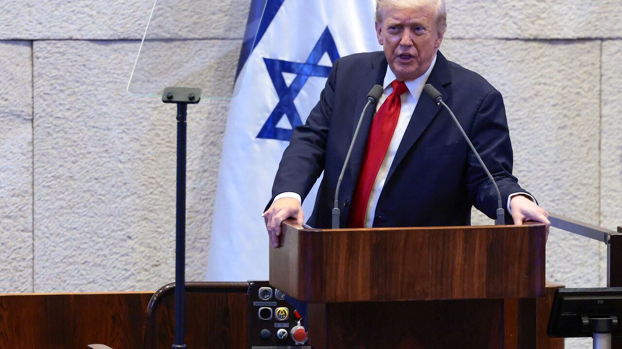 U.S. President Donald Trump addresses the Knesset, amid a U.S.-brokered prisoner-hostage swap and ceasefire deal between Israel and Hamas, in Jerusalem, October 13, 2025. REUTERS/Evelyn Hockstein/Pool