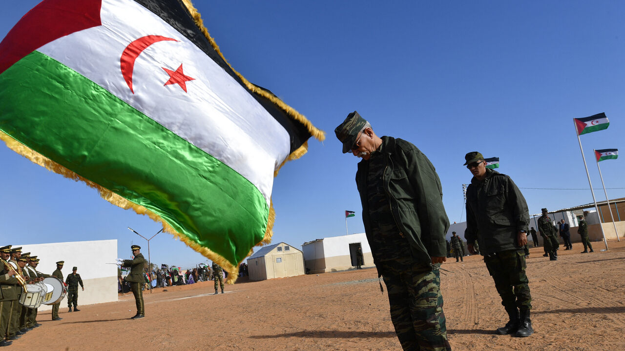 Brahim Ghali, President of the Sahrawi Arab Democratic Republic (SARD) and Secretary-General of the Polisario front, salutes the flag of the Sahrawi Arab Democratic Republic (SARD) ahead of a Polisario congress at the refugee camp of Dakhla, which lies some 170km to the southeast of the Algerian city of Tindouf, on January 13, 2023.