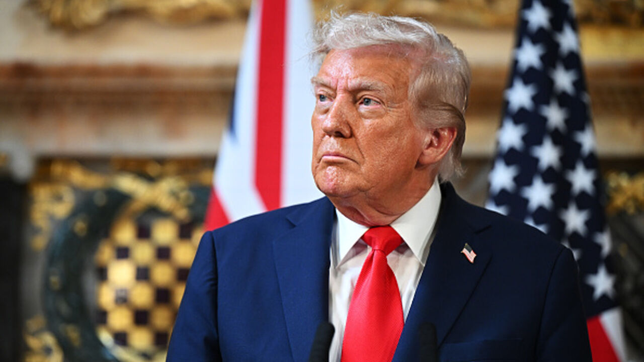 AYLESBURY, ENGLAND - SEPTEMBER 18: U.S. President Donald Trump attends a press conference with UK Prime Minister Keir Starmer (not pictured) at Chequers at the conclusion of a state visit on September 18, 2025 in Aylesbury, England. This is the final day of President Trump’s second UK state visit, with the previous one taking place in 2019 during his first presidential term. (Photo by Leon Neal/Getty Images)