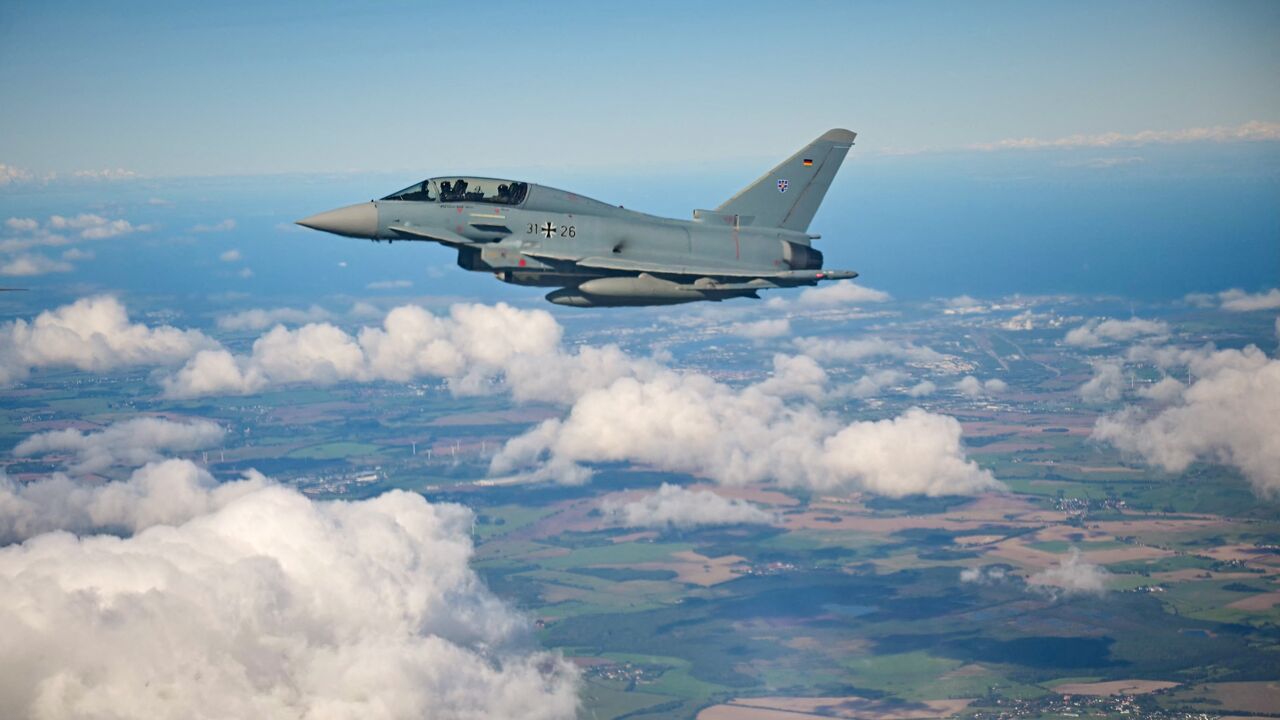 A Eurofighter Typhoon of the German Air Force (31 26) in flight during a demonstration as part of a press day at the military air base in Laage, south of Rostock, Sept. 23, 2025.