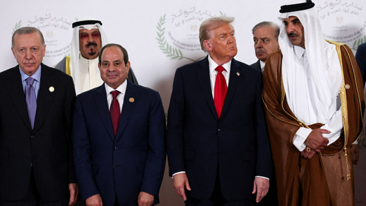 SHARM EL-SHEIKH, EGYPT - OCTOBER 13: World leaders including U.S. President Donald Trump, Egypt's President Abdel Fattah al-Sisi, Turkish President Tayyip Erdogan and Qatar's Emir Sheikh Tamim bin Hamad Al Thani pose for a family photo, at a world leaders' summit on October 13, 2025 in Sharm El-Sheikh, Egypt. President Trump is in Egypt to meet with European and Middle Eastern leaders in what’s being billed as an international peace summit, following the start of a US-brokered ceasefire deal to end the war