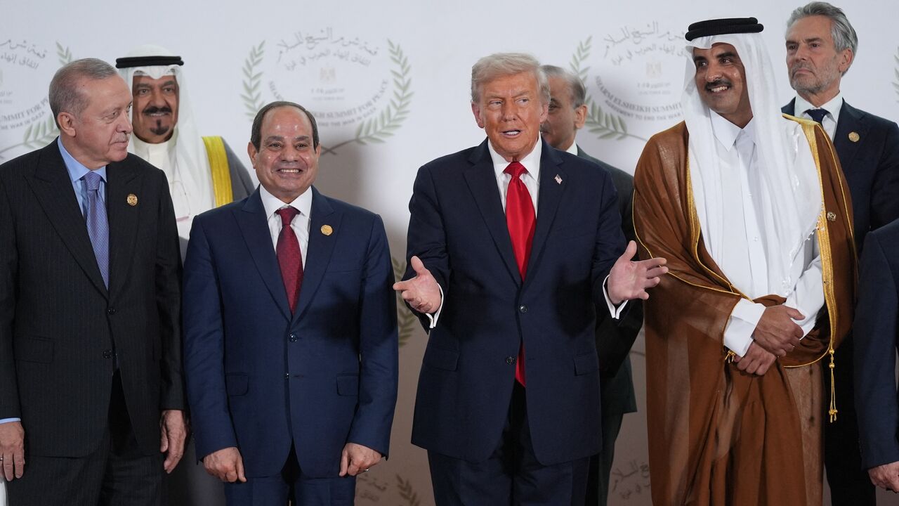(Front L-R) Turkish President Recep Tayyip Erdogan, Egyptian President Abdel Fattah al-Sisi, US President Donald Trump, Emir of Qatar Sheikh Tamim bin Hamad Al Thani and other leaders pose for a family picture at the Gaza summit in Sharm el-Sheikh on Oct. 13, 2025. 