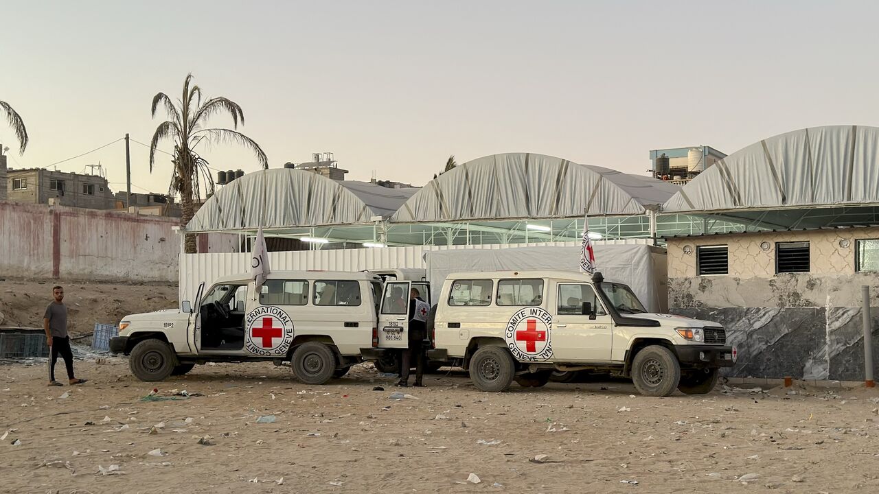 The bodies of 45 Palestinian prisoners arrived from the Gaza Strip via the Red Cross and were transferred to Nasser Medical Complex in Khan Yunis, Palestine, on Oct. 14, 2025.
