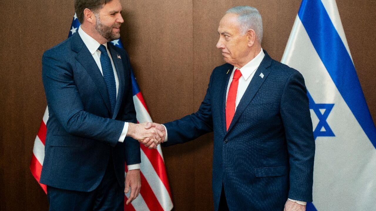 US Vice President JD Vance (L) met Israeli Prime Minister Benjamin Netanyahu in Jerusalem on the seond day of a three day trip to promote the Gaza peace plan US Vice President JD Vance (L) met Israeli Prime Minister Benjamin Netanyahu in Jerusalem on the seond day of a three day trip to promote the Gaza peace plan