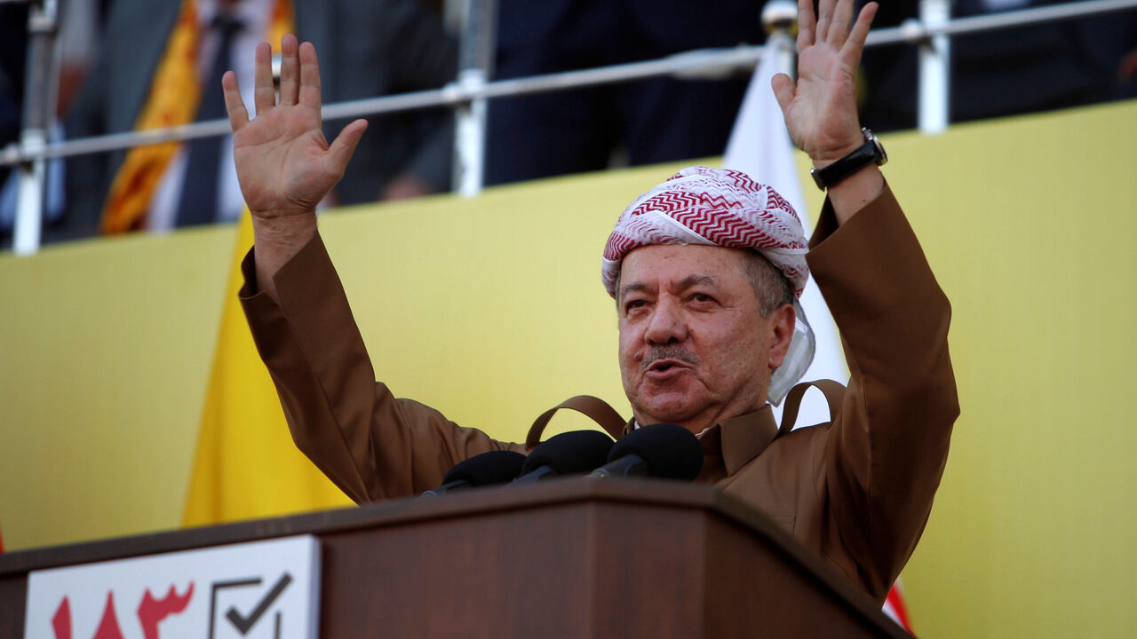 Former Iraqi Kurdistan region's President Masoud Barzani speaks to his supporters ahead of regional elections in Erbil, Iraq September 25, 2018.  REUTERS/Azad Lashkari