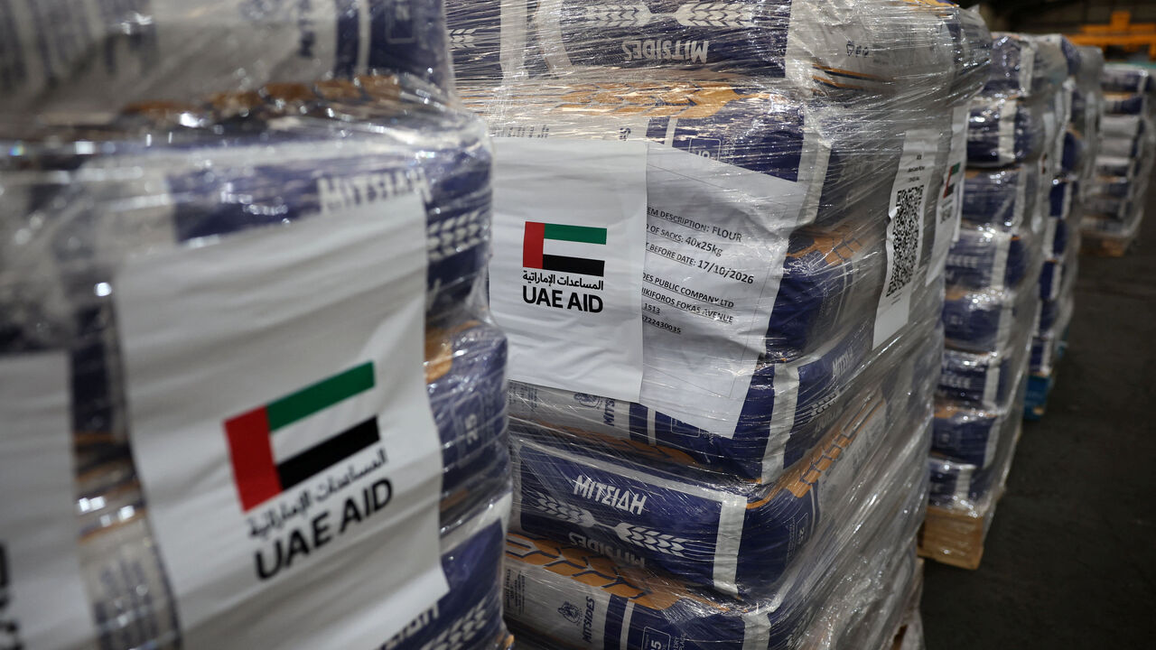 Aid donated by the UAE for the people of Gaza is stored in a warehouse at the port of Limassol, Cyprus November 7, 2025. REUTERS/Yiannis Kourtoglou