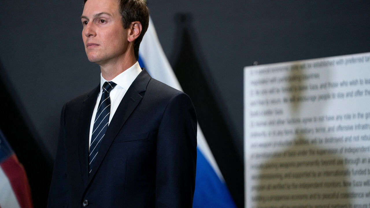 Jared Kushner listens as U.S. Vice President JD Vance speaks during a press conference following a military briefing at the Civilian Military Coordination Center in southern Israel on Tuesday, Oct. 21, 2025. Nathan Howard/Pool via REUTERS