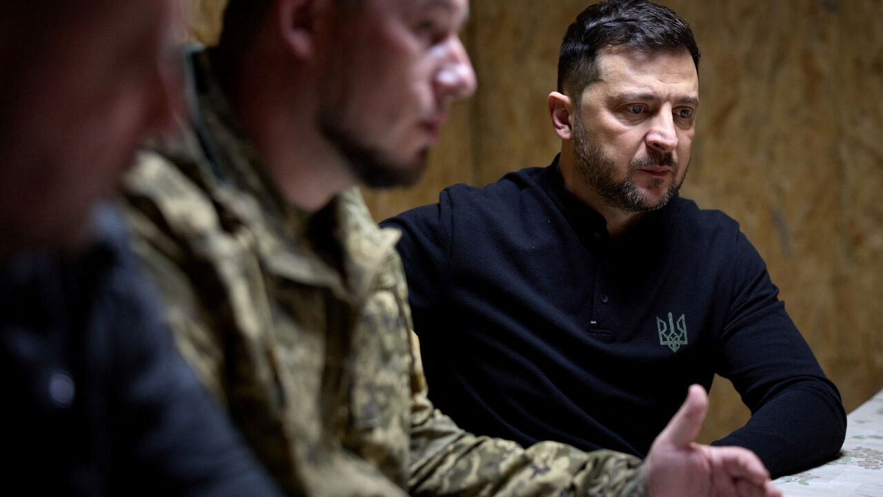 Ukraine's President Volodymyr Zelenskiy attends a meeting with senior officers of the 65th Separate Mechanized Brigade 'Velykyi Luh' while he visits their command position at a front line, amid Russia's attack on Ukraine, in Zaporizhzhia region, Ukraine November 13, 2025. Ukrainian Presidential Press Service/Handout via REUTERS