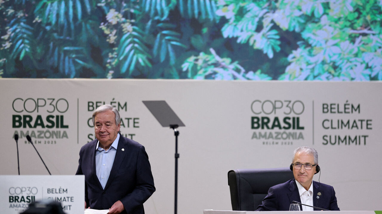 FILE PHOTO: United Nations Secretary-General Antonio Guterres and COP29 President Mukhtar Babayev attend the opening of the Belem Climate Summit plenary session, as part of the COP30 United Nations Climate Change Conference, in Belem, Brazil, November 6, 2025. REUTERS/Adriano Machado/File Photo