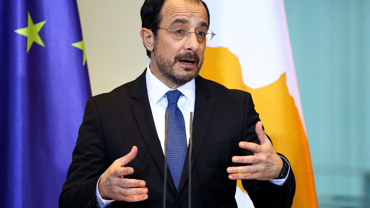 Cyprus' President Nikos Christodoulides speaks during a press conference with German Chancellor Friedrich Merz (not pictured), at the Chancellery Berlin, Germany, November 14, 2025. REUTERS/Lisi Niesner