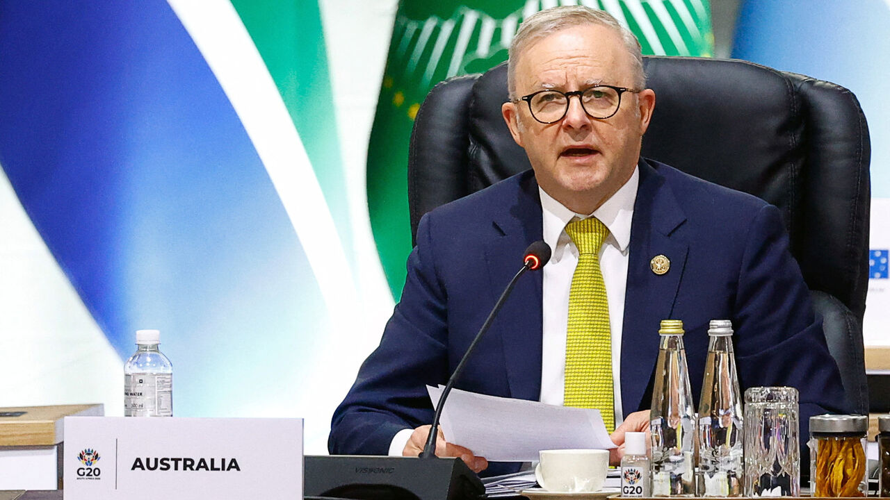 Australia's Prime Minister Anthony Albanese attends a plenary session on the opening day of the G20 Leaders' Summit at the Nasrec Expo Centre in Johannesburg, South Africa, November 22, 2025. REUTERS/Thomas Mukoya/Pool