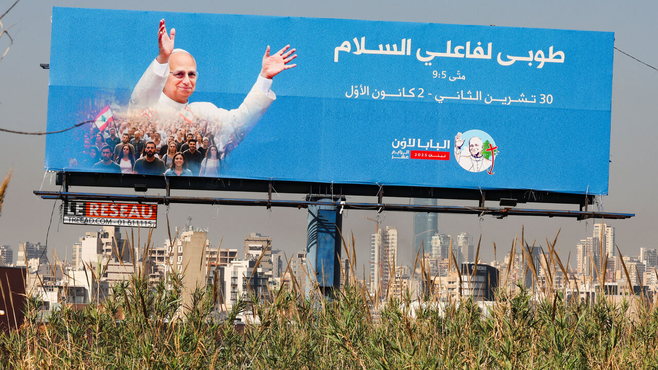 A billboard of Pope Leo XIV is placed along a road, ahead of his planned visit to Lebanon, in Hazmieh, Lebanon November 28, 2025. REUTERS/Mohamed Azakir