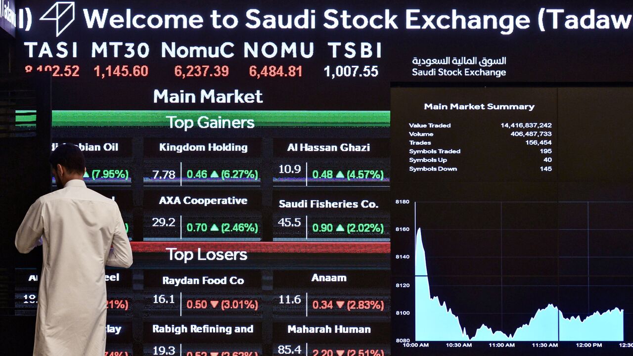 A man monitors the board at the Stock Exchange Market (Tadawul) bourse in Riyadh, Dec. 12, 2019.