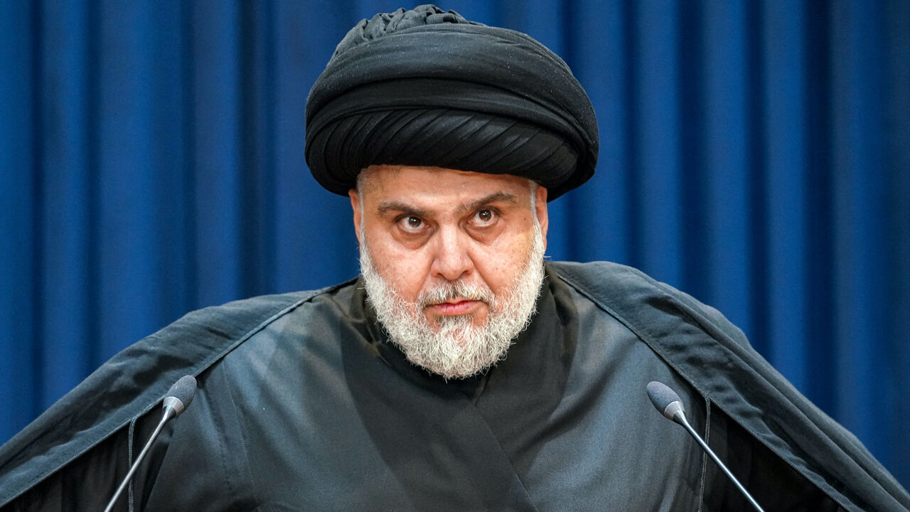 Shiite Muslim cleric Moqtada Sadr gives a speech in Iraq's central holy shrine city of Najaf on Aug. 30, 2022. 