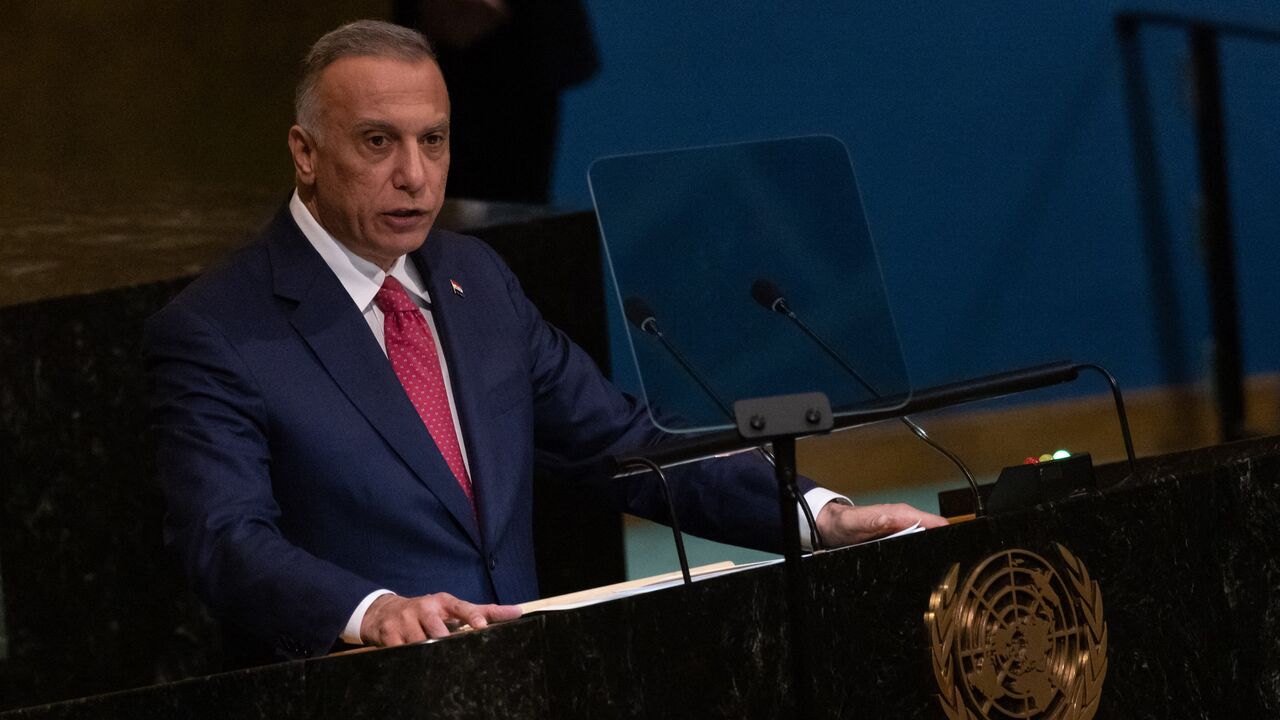 Iraqi Prime Minister Mustafa Al-Kadhimi addresses the 77th session of the United Nations General Assembly at UN headquarters in New York City on Sept. 23, 2022.